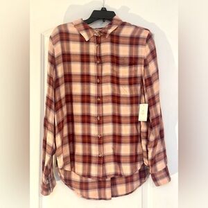 Lucky Brand Pink Flannel Plaid Button Down Collard Shirt Size M NWT